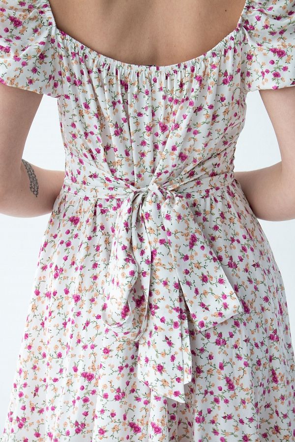 Mini sukienka z paskiem i mleczną falbanką w różowe kwiaty D0723/4 № 2