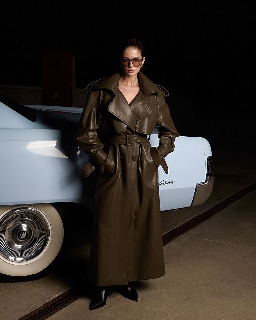 Trench maxi z ekologicznej skóry premium w kolorze khaki
