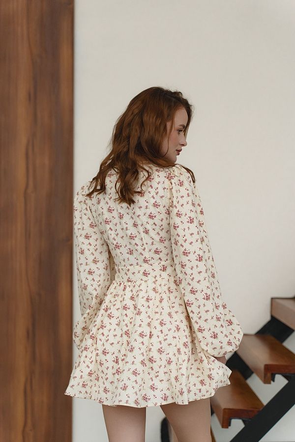 Sukienka z kołnierzykiem jasno-żółta w czerwone kwiaty len14/2 № 3