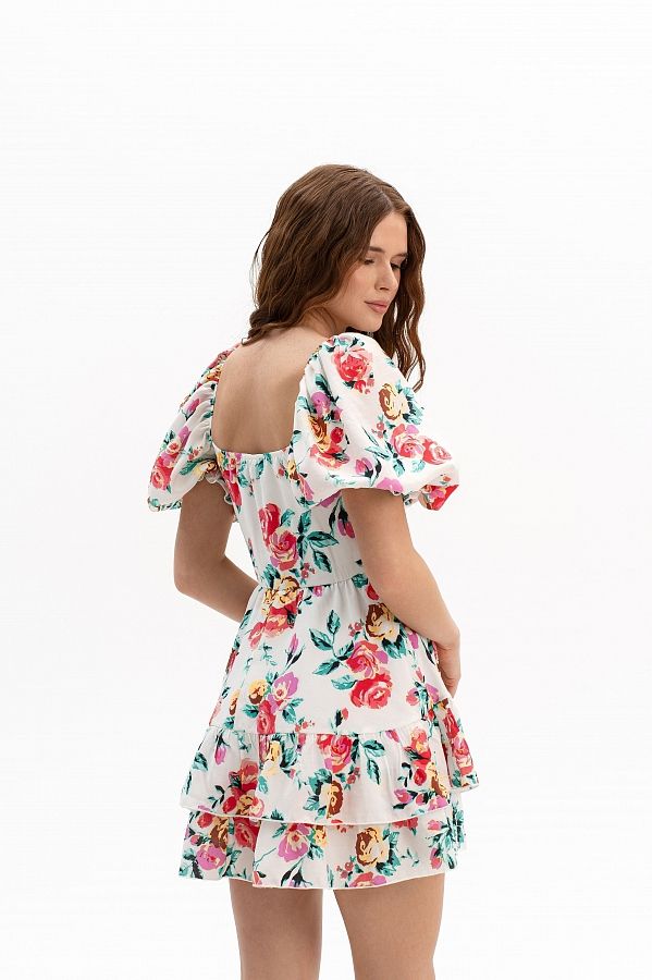 Bawełniana sukienka z krótkimi bufiastymi rękawami w wielokolorowe kwiaty bufiast29/07 № 2