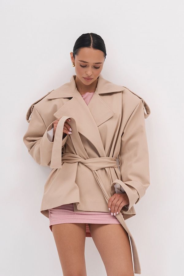 Beżowy przycięty bawełniany trencz prem29/05 № 4