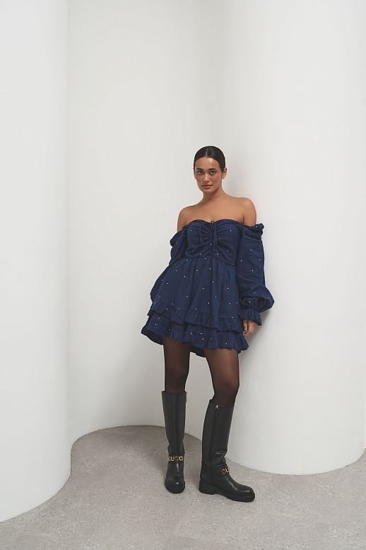 Sukienka z ciepłej bawełny granatowa w groszki