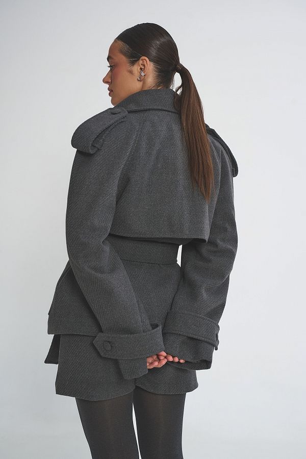 Krótki płaszcz z paskiem szary plaszczkr11/04 № 2