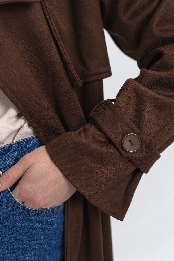 Zamszowy trencz z podszewką czekoladowy 170001 #RU# Brązowy, zamszowy, krótki trencz z eko skóry 170001 № 4