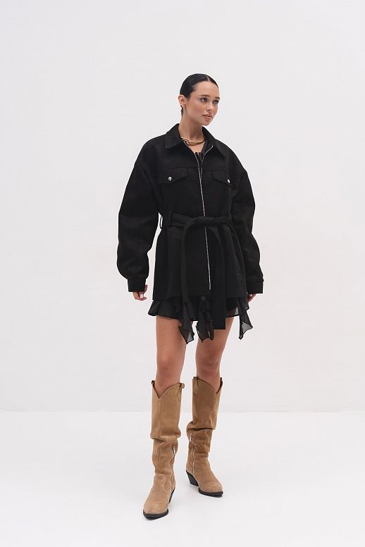 Zamszowa kurtka z zamkiem i paskiem czarna - №2