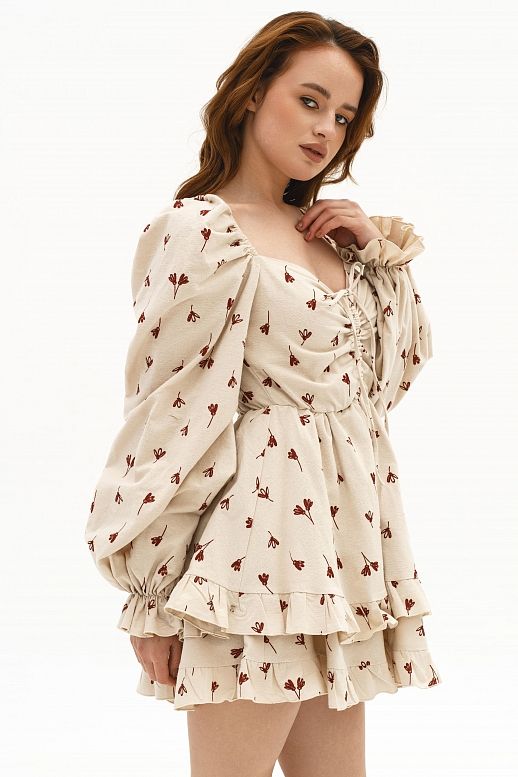 Sukienka z ciepłej bawełny beżowa w kwiaty