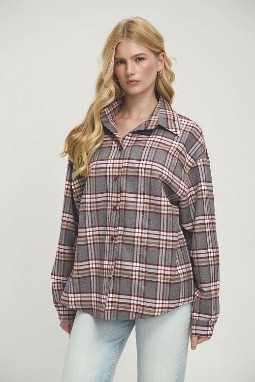 Koszula oversize w kratę z krzyształkami szara z czerwonym