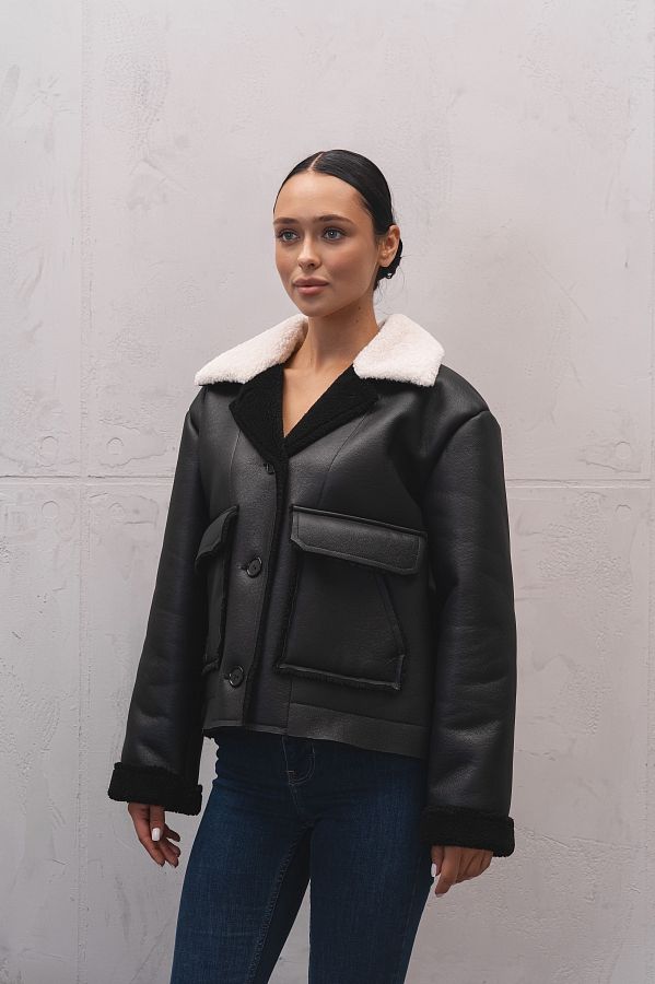 Krótki kożuch biały z czarnym kozuch01/09 № 4