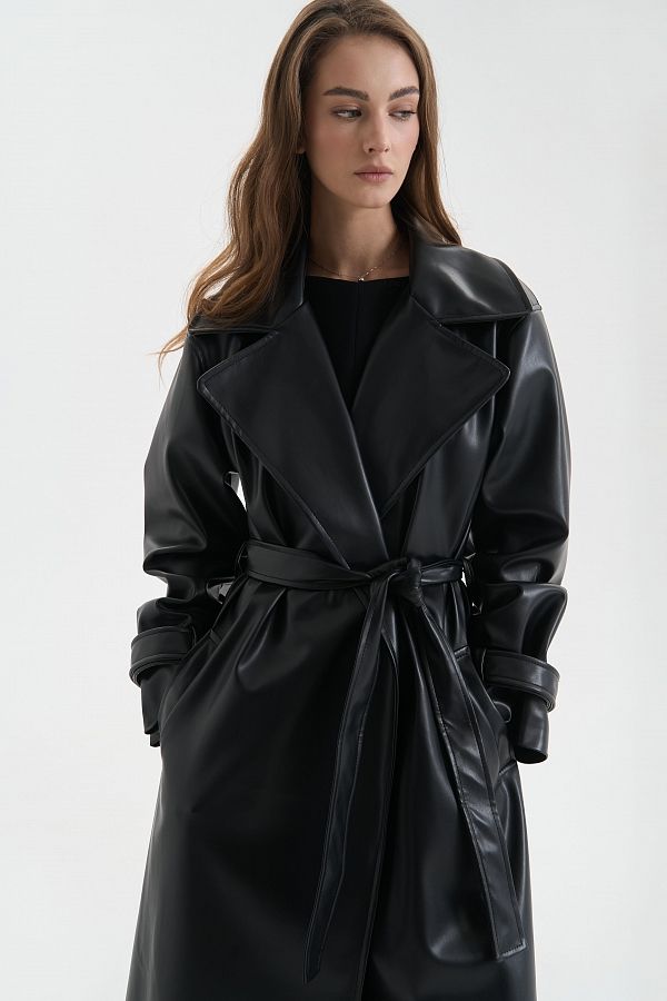 Trencz maxi z eko-skóry na zamszu bez naszywek czarny trenc1249 #RU#  trenc1249 № 3