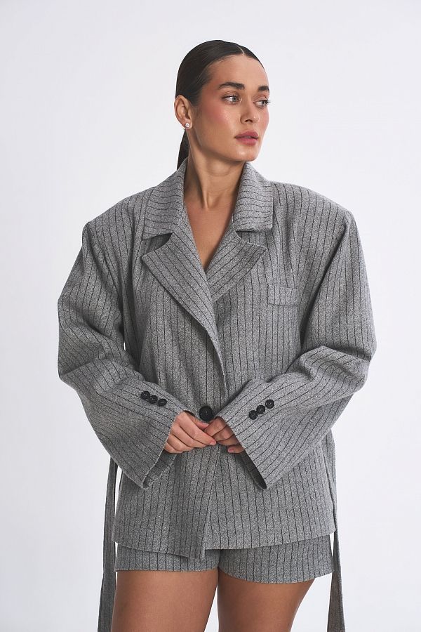 Wełniana marynarka z paskiem szara maryn12/02 № 4